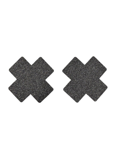 Paire de cache tétons adhésifs croix pailletée noir 