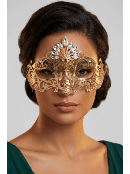 Masque vénitien Gemma rigide doré avec strass