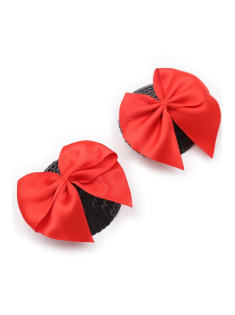 Paire de cache tétons adhésifs noir avec nœud papillon rouge 
