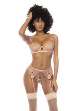 Ensemble 3 pièces avec dentelle brodée florale, soutien gorge avec armatures, porte jarretelles et string assorti 