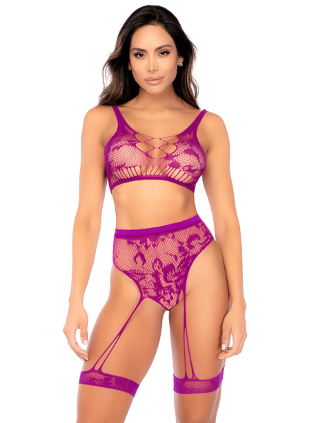Ensemble deux pièces en résille à motif floral, couleur orchidée - Mapalé