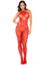 Bodystocking en résille rouge à motif cœur, orné de strass, ouvert à l’entrejambe - Mapalé
