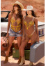 Nuisette transparente brodée jaune et string 