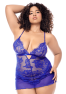 Babydoll bleu grande taille dentelle, résille et string 