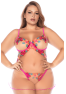 Nuisette grande taille en résille et dentelle florale rose et string assorti