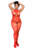Bodystocking grande taille en résille rouge à motif cœur, orné de strass, ouvert à l’entrejambe - Mapalé