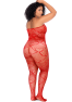 Bodystocking grande taille en résille rouge à motif cœur, orné de strass, ouvert à l’entrejambe - Mapalé