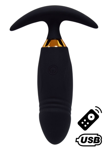 PEACH, Plug Vibrant noir long USB avec télécommande, dans un silicone médical doux et lisse