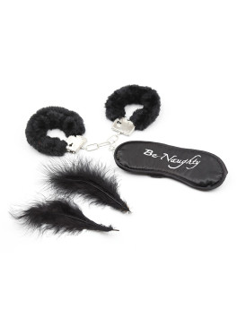 Kit coquin 4 pièces : Menottes, 1 plume et masque