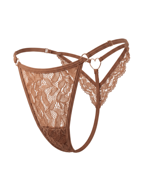 String taupe en dentelle avec bijou cœur doré