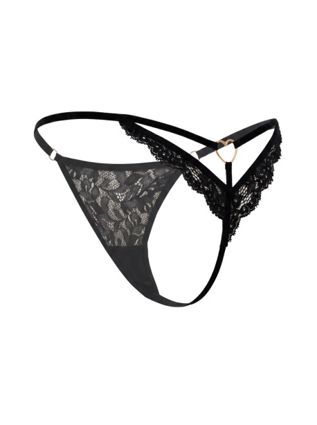 String noir en dentelle avec bijou cœur doré
