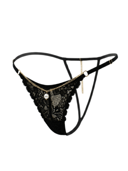 String noir en dentelle avec bijou et chaîne dorée