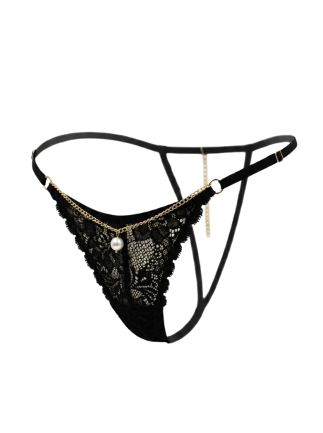 String noir en dentelle avec bijou et chaîne dorée
