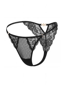Tanga noir en dentelle avec bijou losanges dorés