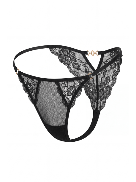 Tanga noir en dentelle avec bijou losanges dorés