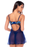Nuisette transparente bleu poppy avec bonnets brodés, laçage et string - Mapalé