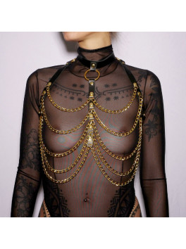 Harnais de poitrine cuir et chaines Gold