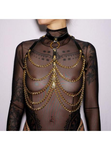 Harnais de poitrine cuir et chaines Gold