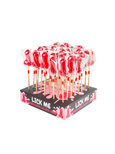 Cherry candy penis lollipop with spicy warming effect display (40 units)