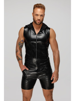 H066 Snake wetlook sleeveless zip-up top with sheer hood