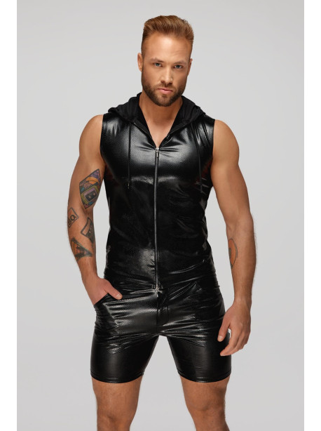 H066 Snake wetlook sleeveless zip-up top with sheer hood