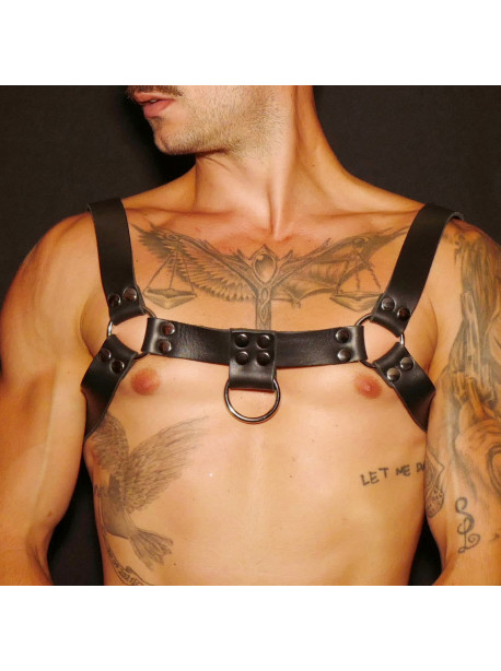 Black leather men’s bust harness in H