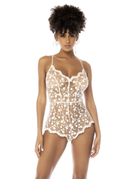 Body blanc transparent Celina avec dentelle brodée florale, bretelles ajustables 