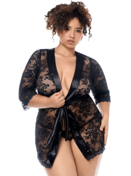 Peignoir en dentelle grande taille Mapalé avec string assorti 
