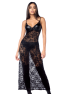 Robe longue sexy en dentelle cuir avec string et porte-jarretelles 