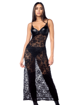 Robe longue sexy en dentelle cuir avec string et porte-jarretelles 