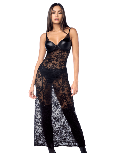 Robe longue sexy en dentelle cuir avec string et porte-jarretelles 