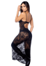 Robe longue sexy en dentelle cuir avec string et porte-jarretelles 