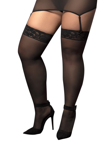 Bas nylon noirs autofixants, grande taille, jarretières dentelle 