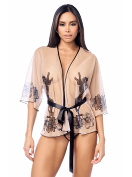 Peignoir sexy en résille imprimée transparente avec string 