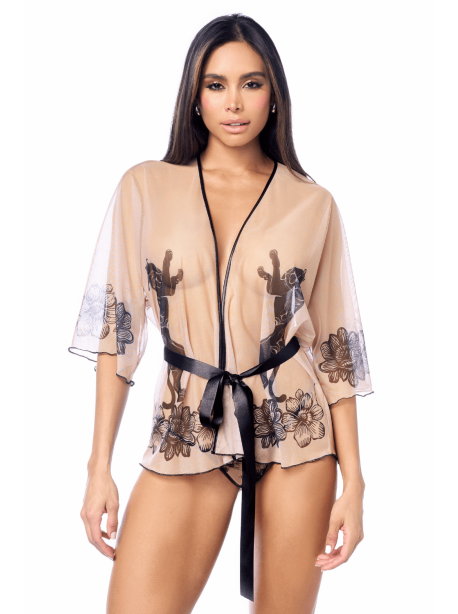 Peignoir sexy en résille imprimée transparente avec string 
