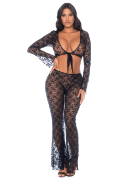 Top et pantalon en dentelle florale noire 