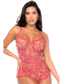 Combishort en dentelle transparente couleur cerise 