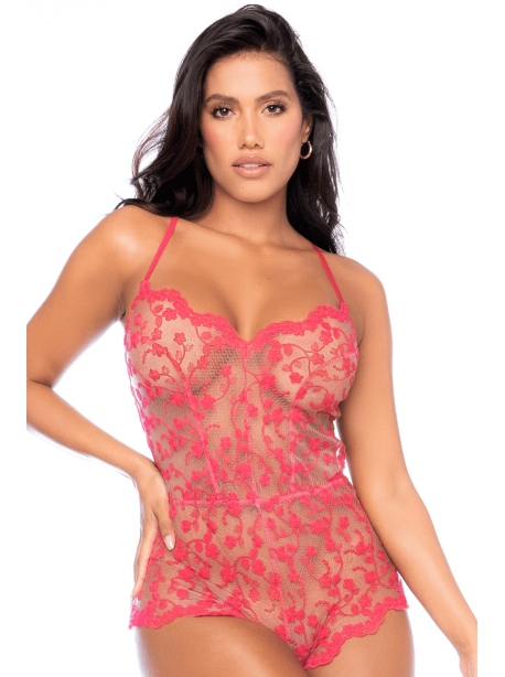 Combishort en dentelle transparente couleur cerise 