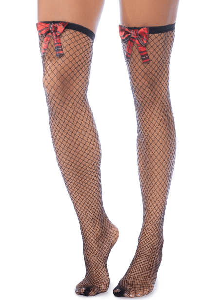 Bas résille noire avec nœuds rouges écossais 