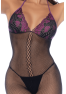 Combinaison en résille et dentelle noire et violette 