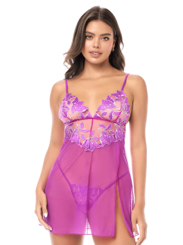Babydoll sexy en résille brodée florale et string 