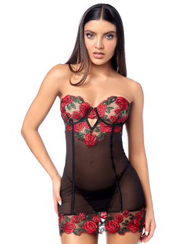 Babydoll sexy à armatures Mapalé broderie roses et string 