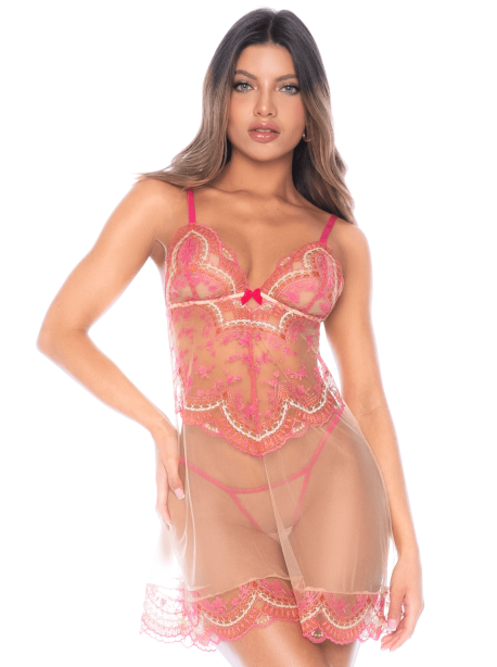 Nuisette en résille brodée avec string 