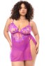 Babydoll grande taille en résille brodée florale et string 