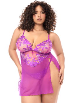 Babydoll grande taille en résille brodée florale et string 
