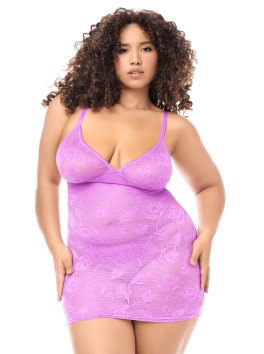 Babydoll grande taille dentelle violette et string 