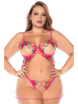 Nuisette grande taille en résille et dentelle florale rose et string assorti 