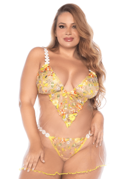 Nuisette grande taille transparente brodée jaune et string 