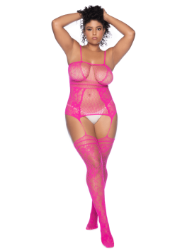 Combinaison grande taille en résille rose 