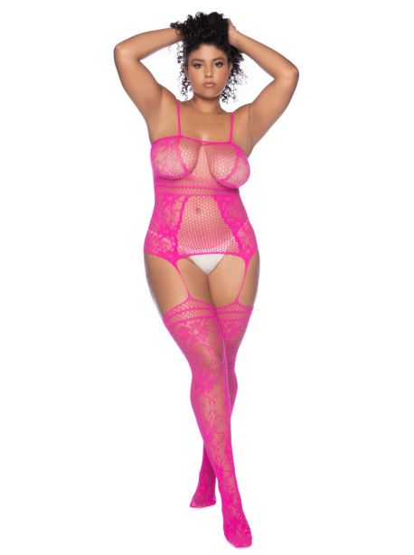Combinaison grande taille en résille rose 